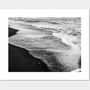 Black White Noir Ocean Tide Waves on Sandy Beach Posters and Art